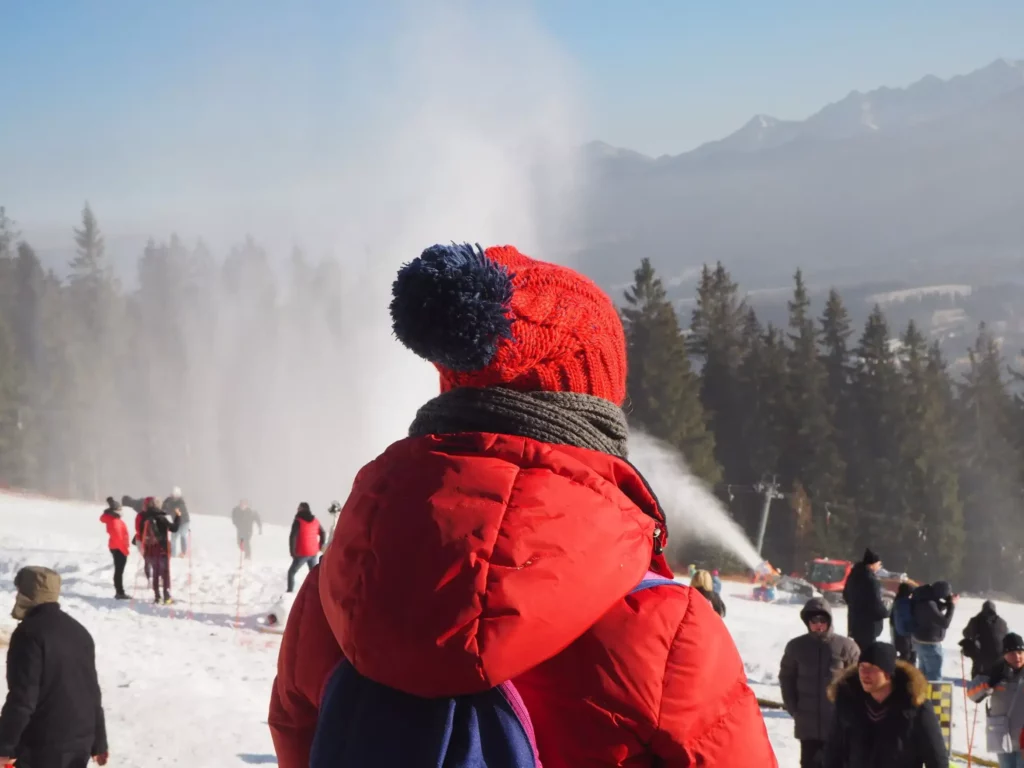 osoba stojąca tyłem, na zdjęciu widać jej kurtkę, czapkę oraz w tle stok górski